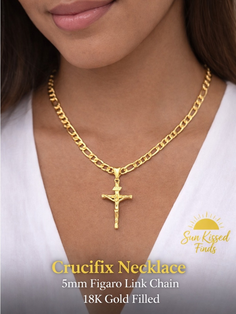 Boutique Crucifix Necklace 20” - 5mm Figaro Link Chain 18K Gold Filled